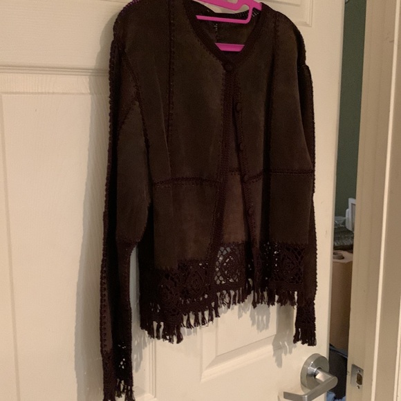 Brown Suede Leather Jacket With Crochet Bottom And Fringe Stitched Squares Med - Picture 4 of 12